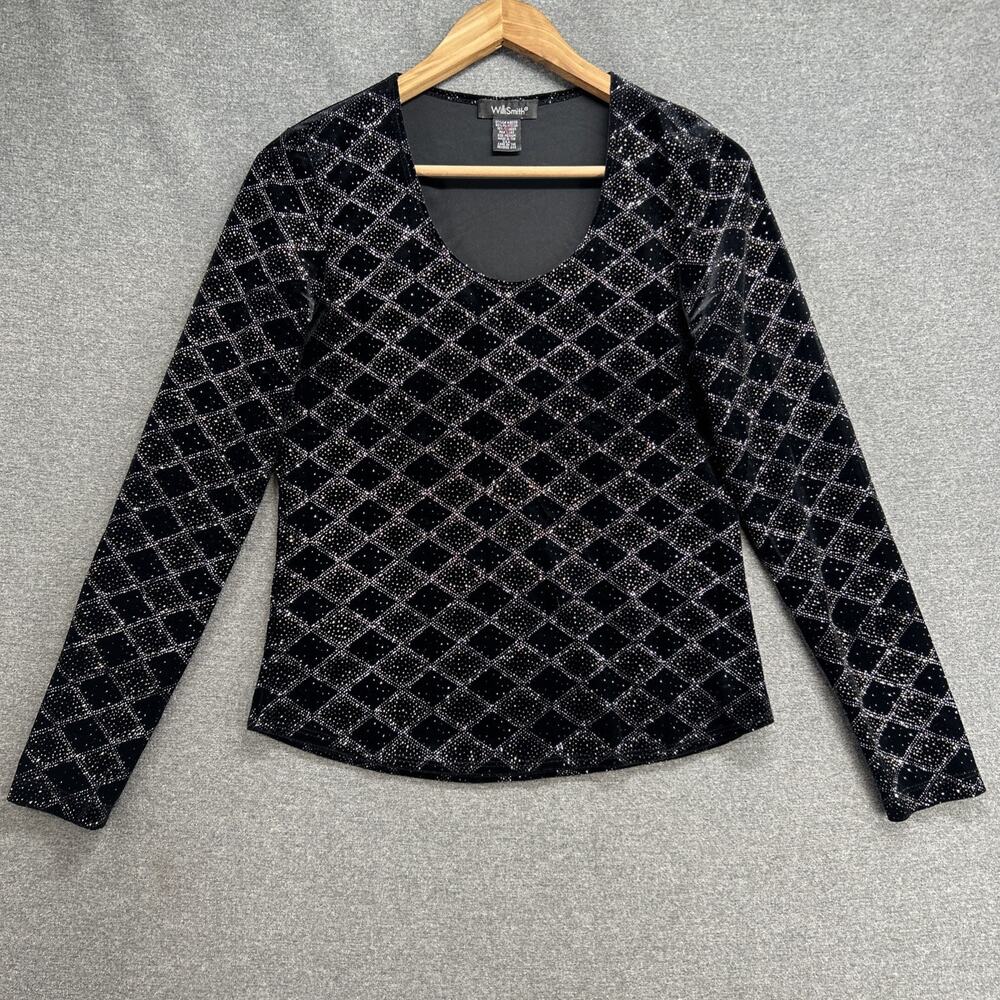 Willi Smith Womens Medium Black Velour Cocktail Top Metallic Silver Geometric
